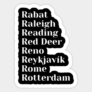 Cities starting with the letter, R, Pin, Tote, Mug Sticker